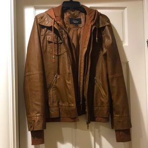 Faux brown leather jacket with removable hood